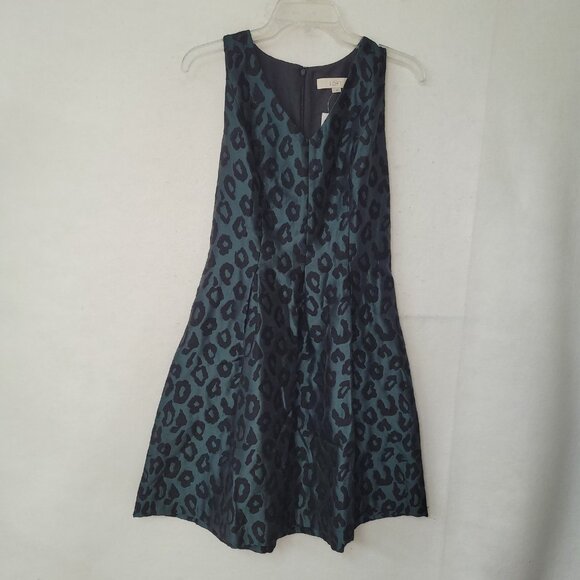 LOFT‎ Dress Womens 4 Green Black Sleeveless Jacquard Animal Print Fit Flare New - Picture 2 of 13